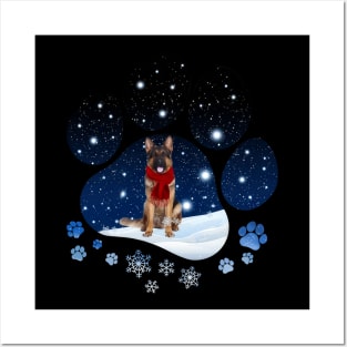 Snow Paw Long Haired German Shepherd Christmas Posters and Art